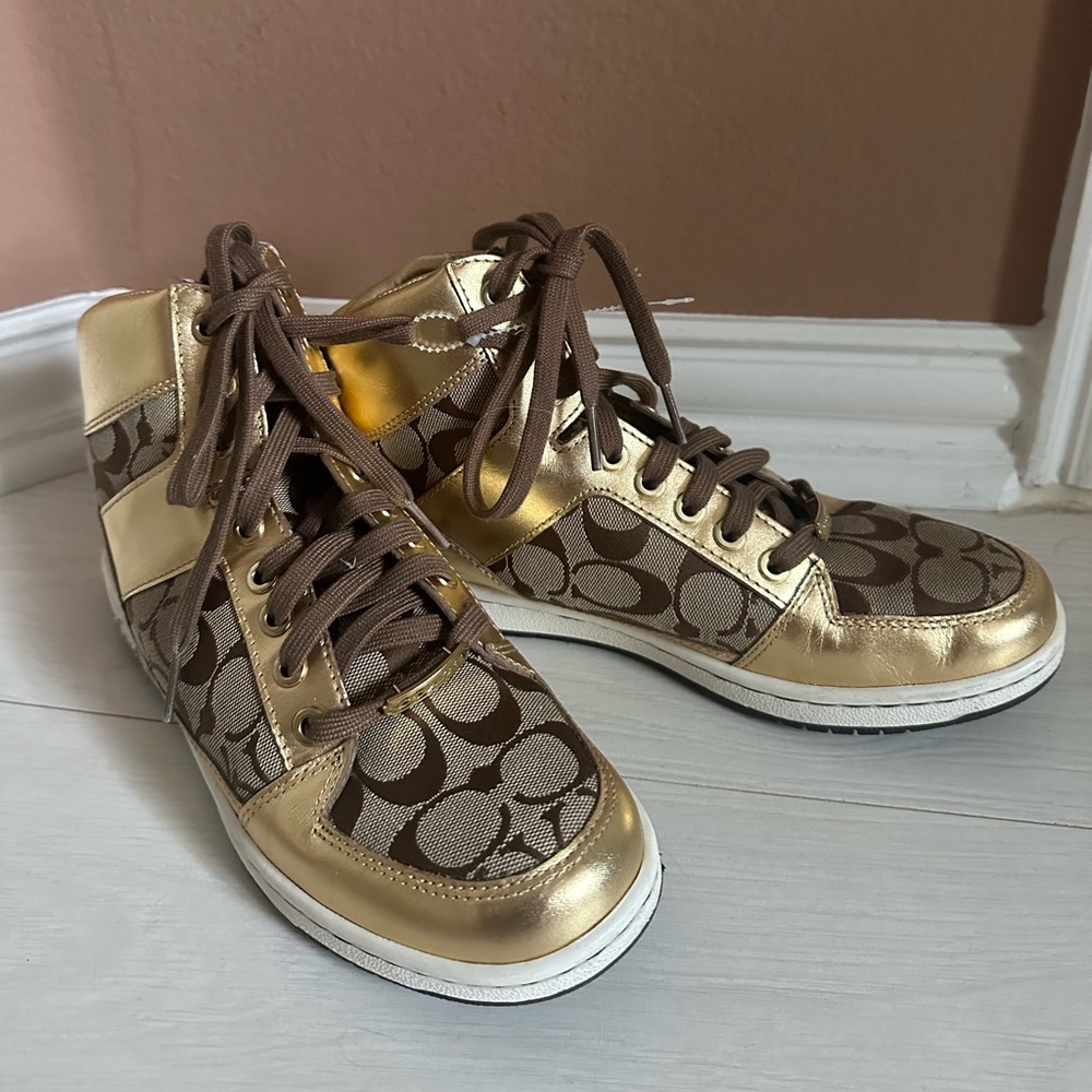 Coach Gold Signature High-Top Sneakers – Size 8.5